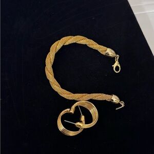 Vintage Gold Mesh Braided Bracelet with Vendome Earrings Jewelry Set
